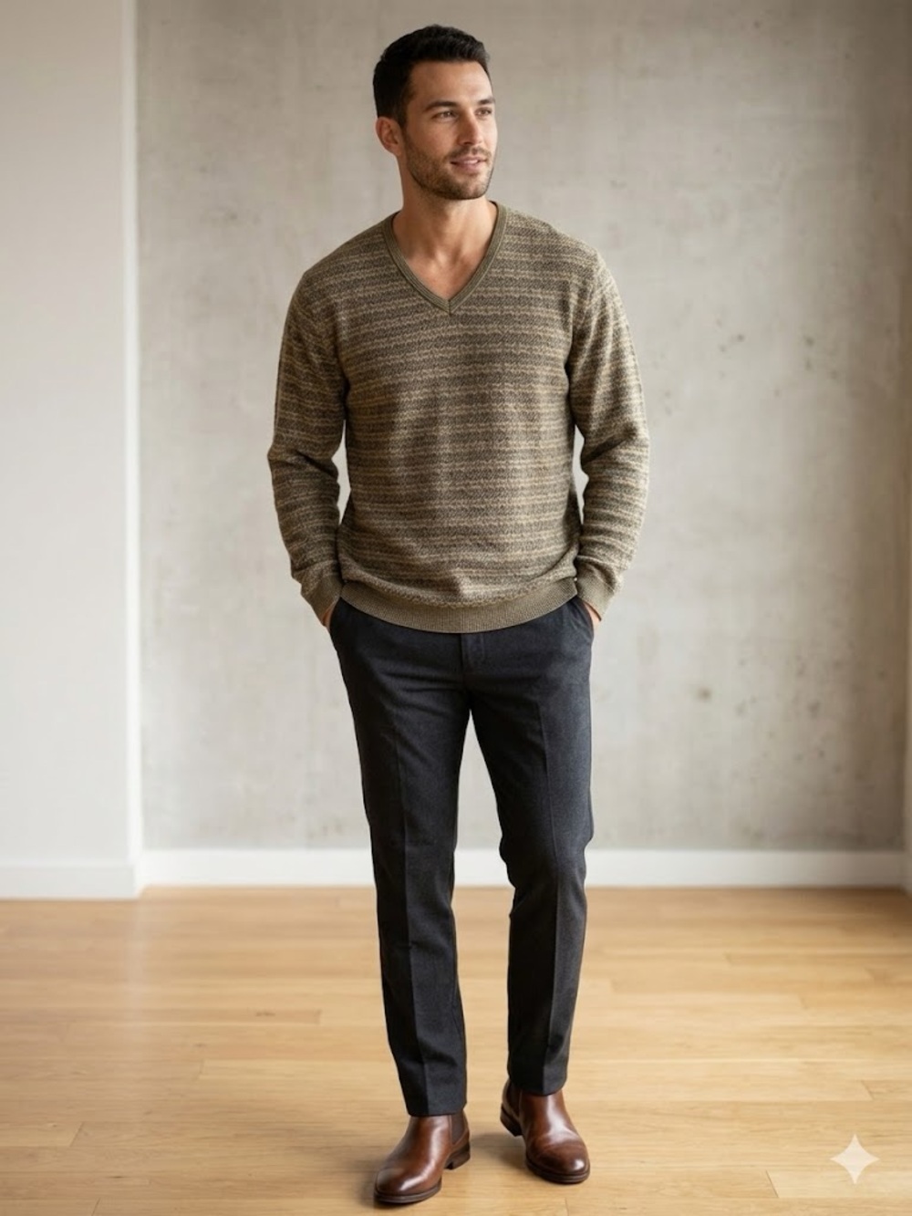 Ermenegildo Zegna Olive Brown Striped V-Neck Sweater